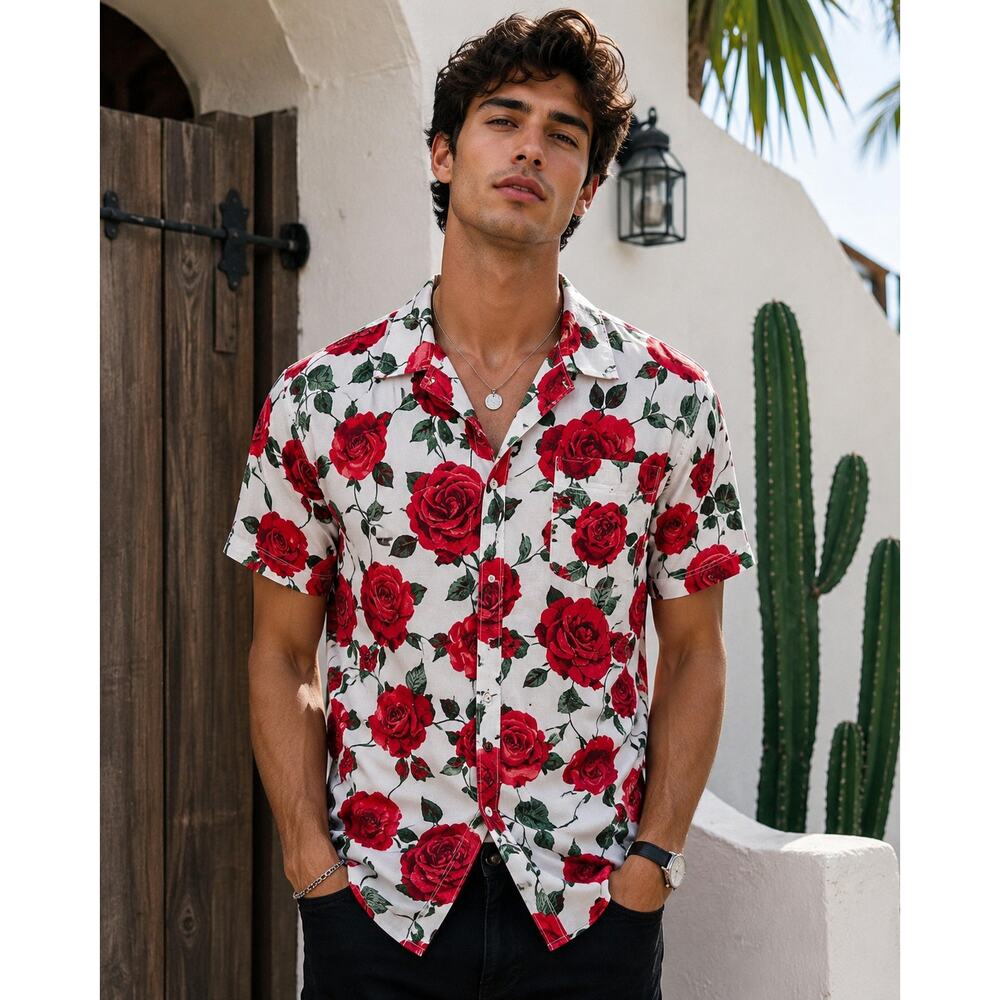 Forever 21 Men XL Red Rose Floral Button Down Shirt White Short Sleeve Cotton